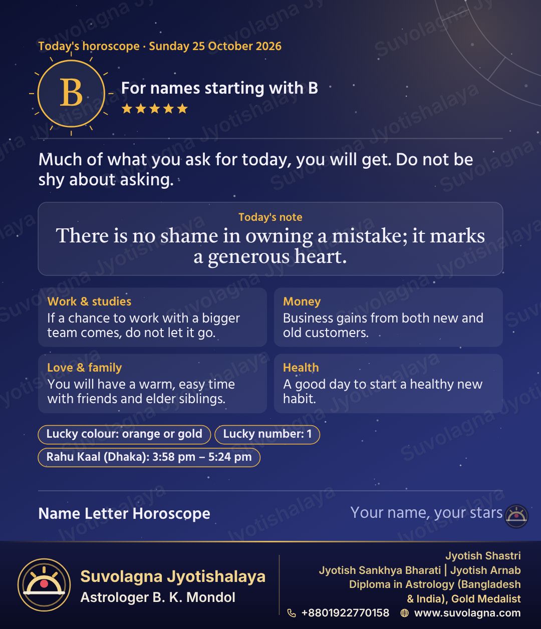 Horoscope for Names Starting with B, October 25, 2026, Sunday