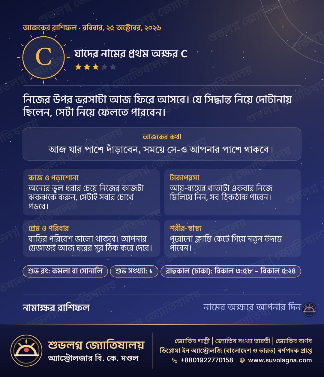 C দিয়ে যাঁদের নাম, তাঁদের রাশিফল: ২৫ অক্টোবর ২০২৬, রবিবার