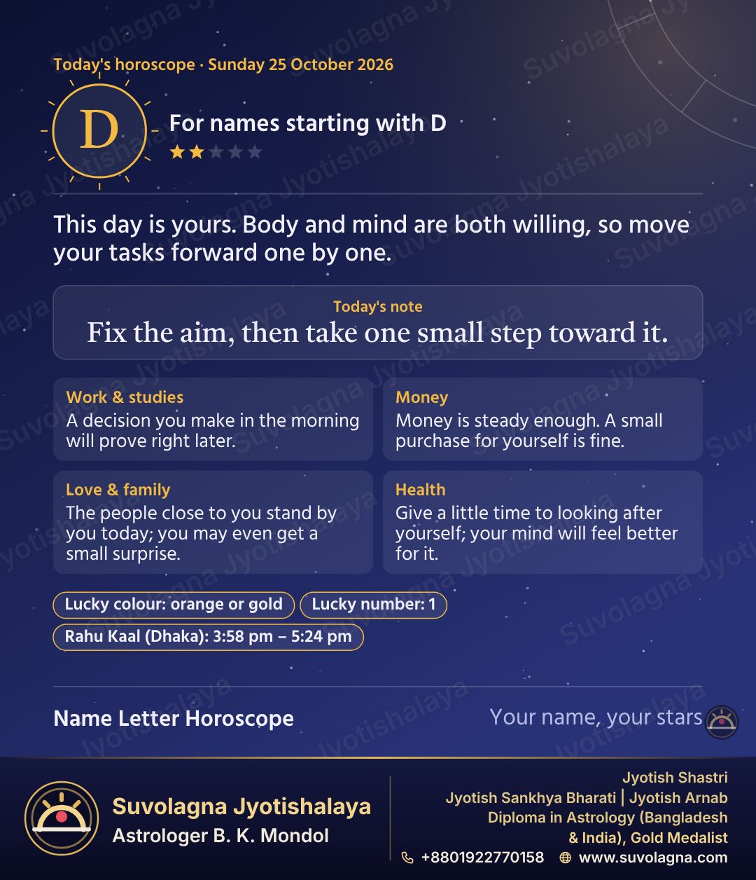 Horoscope for Names Starting with D, October 25, 2026, Sunday
