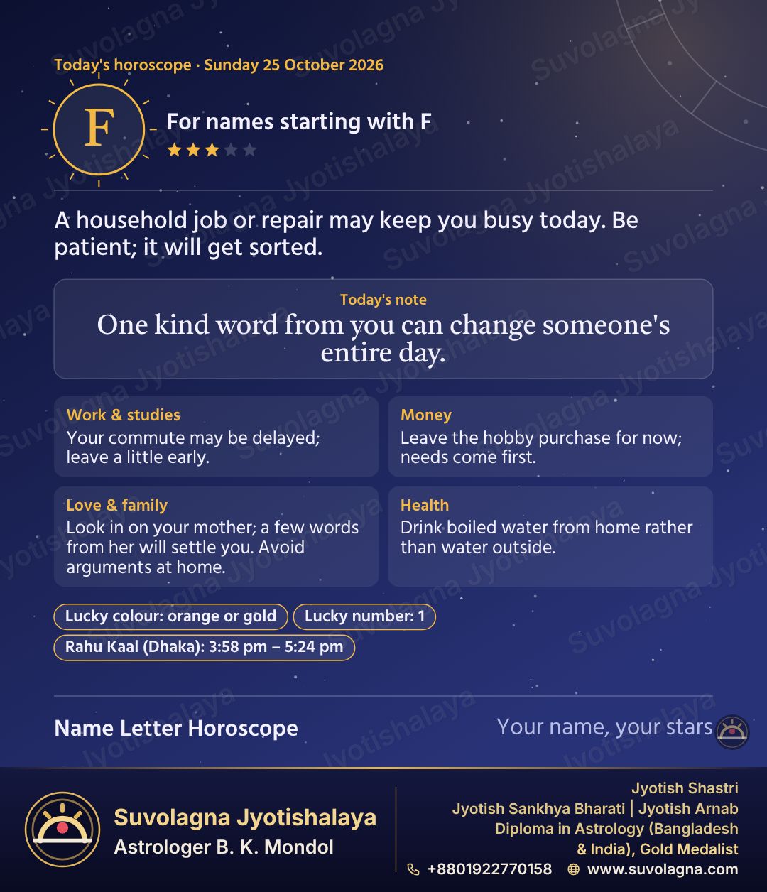 Horoscope for Names Starting with F, October 25, 2026, Sunday