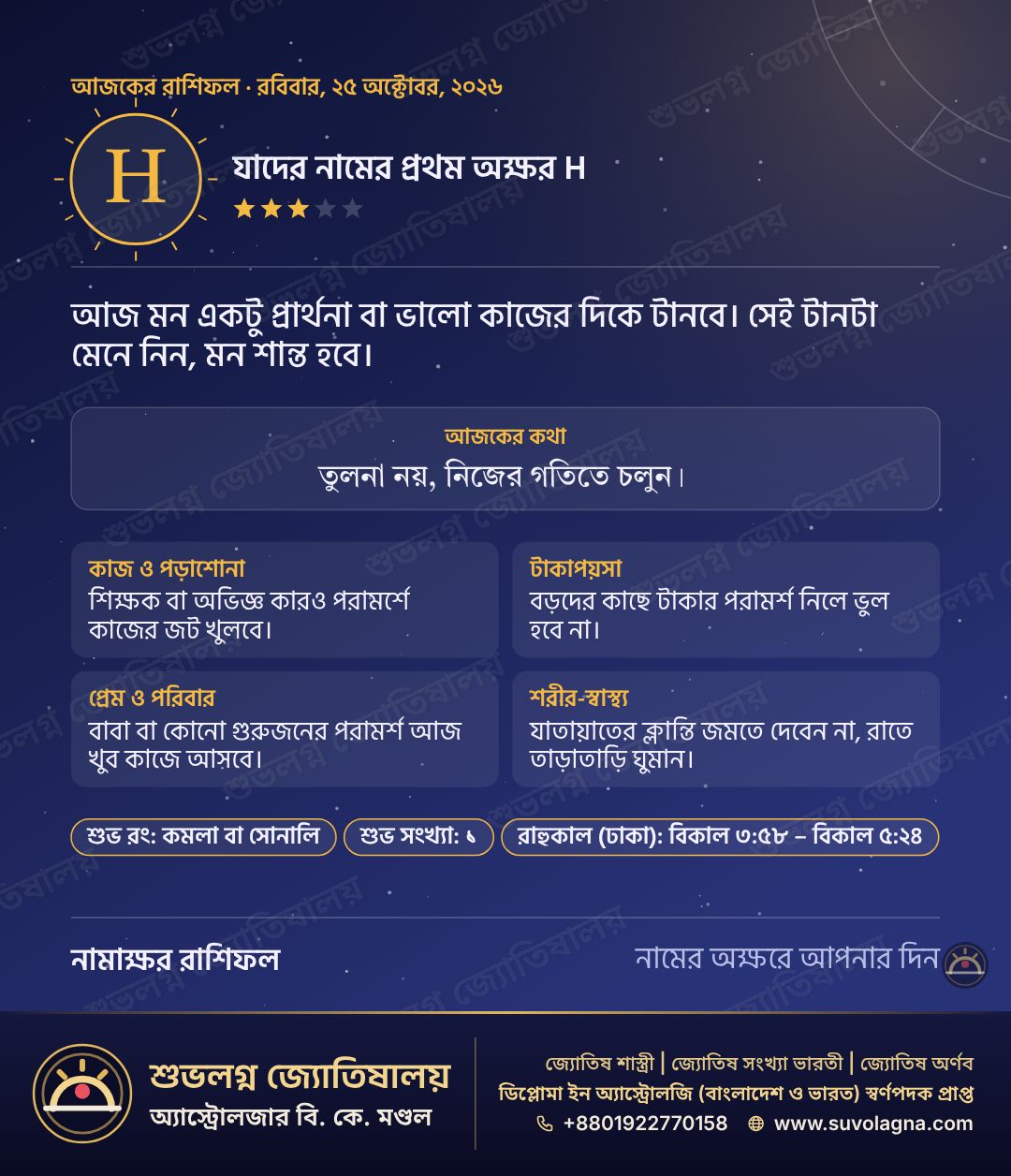 H দিয়ে যাঁদের নাম, তাঁদের রাশিফল: ২৫ অক্টোবর ২০২৬, রবিবার