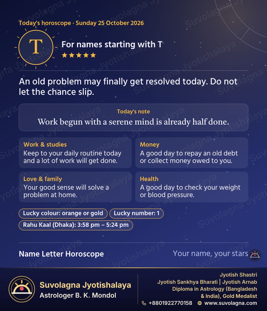 Horoscope for Names Starting with T, October 25, 2026, Sunday