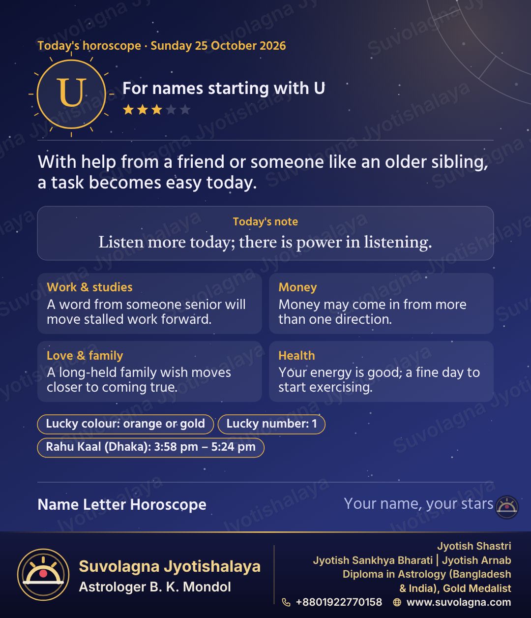 Horoscope for Names Starting with U, October 25, 2026, Sunday