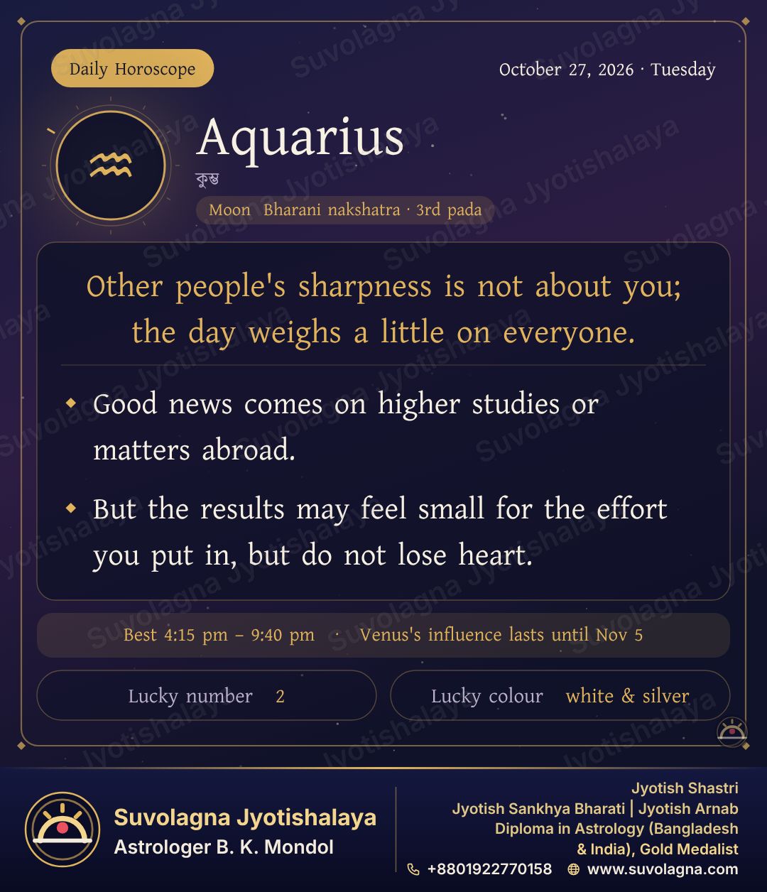 Aquarius Horoscope, October 27, 2026, Tuesday