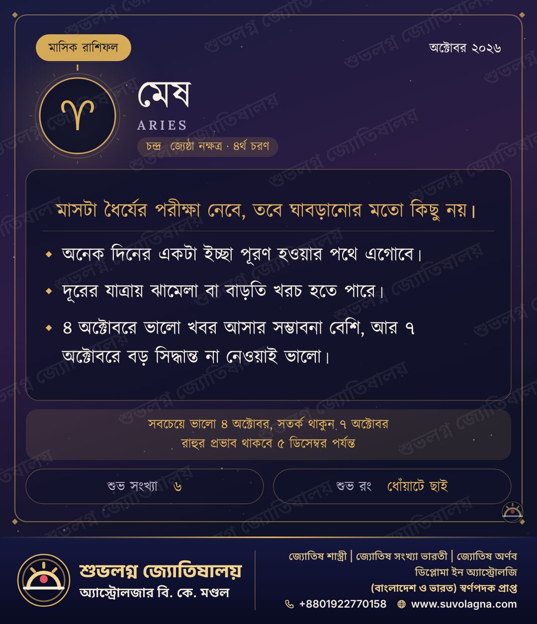 মেষ রাশির মাসিক রাশিফল, অক্টোবর ২০২৬