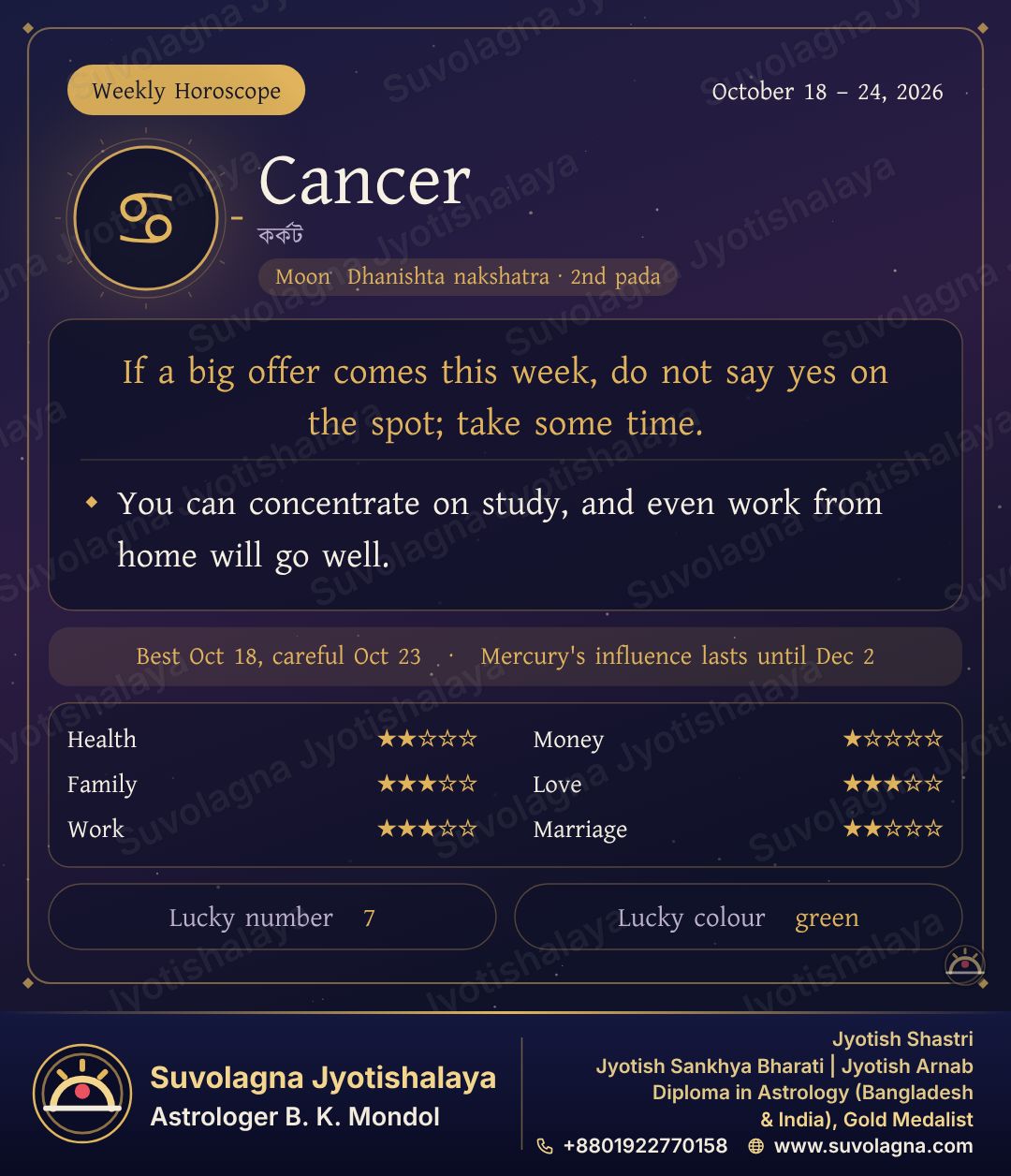 Cancer Weekly Horoscope, October 18–24, 2026