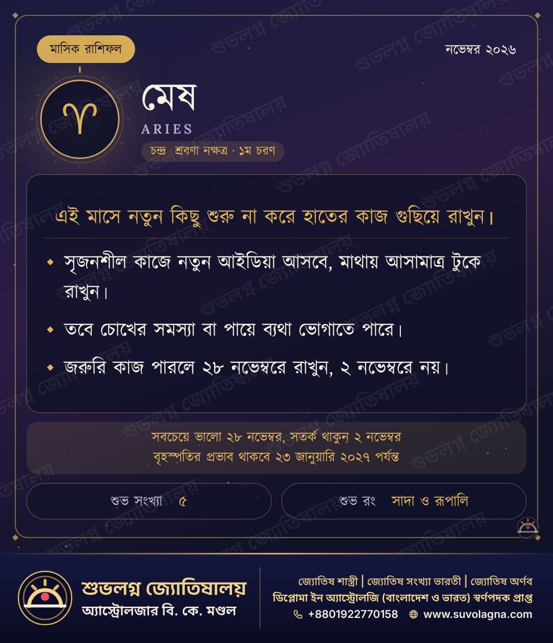 মেষ রাশির মাসিক রাশিফল, নভেম্বর ২০২৬